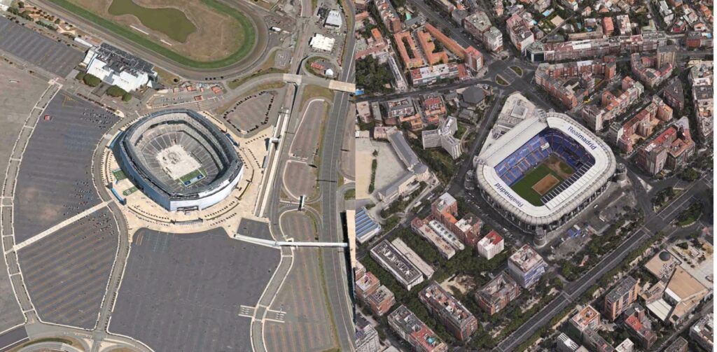 comparison of two stadia - left US was big car park and Australian one with housing around