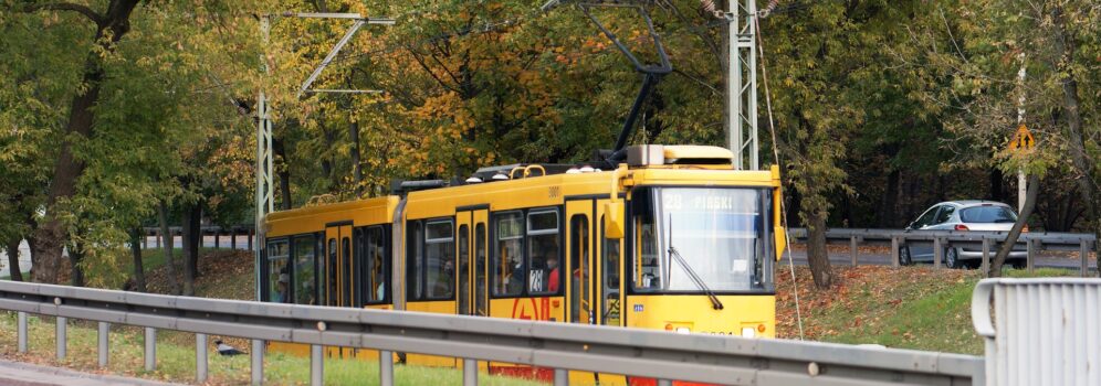 tram running through green tracks