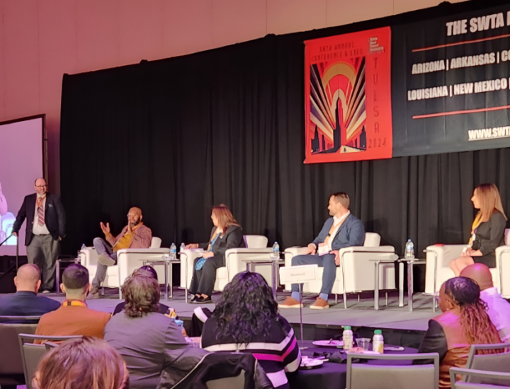 The benefits of GoPass app are discussed by a panel on stage at SWTA conference. Pictured from left to right: Maxime Paul, Director of CX Strategy (DART); Rita Patrick, Managing Director of Public Relations (Corpus Christi RTA); Chris Mandrell, General Manager (Citibus); and Rebecca Walner, Chief Financial Officer (Tulsa Transit).